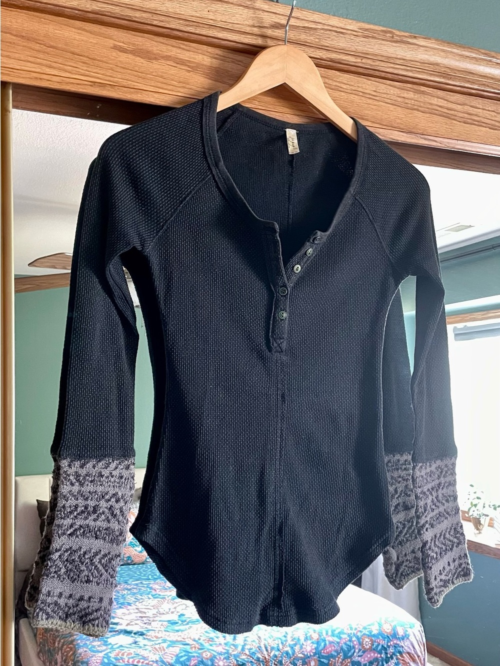 Free People Women's Black Waffle Knit Henley Top with Sweater Cuffs